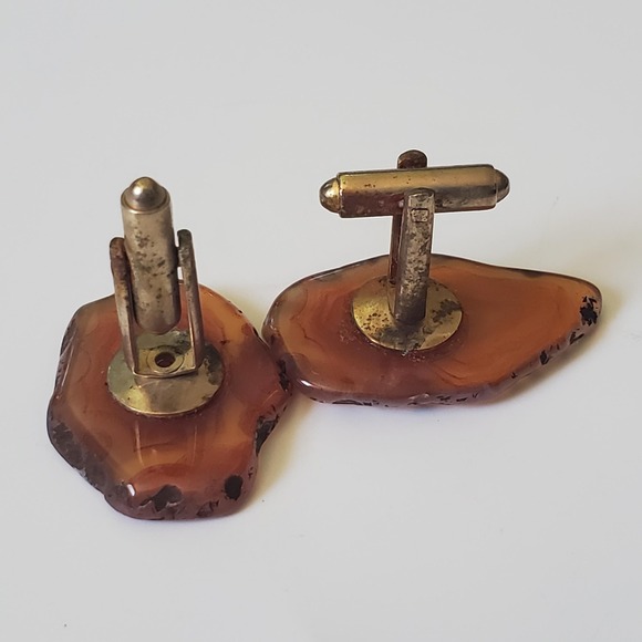 Vintage Brown Live Edge Agate Cufflinks Pair Balance Grounding Inner Peace - Picture 3 of 4